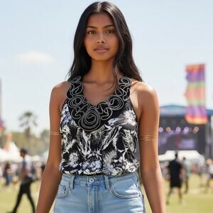 Black White Racer Back Halter Top Accent Metal Zipper Tank Whimsy Goth MED